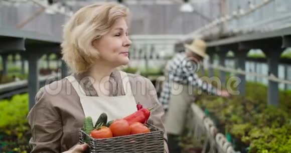 积极向上的白种人高级妇女与菜篮子回顾男性农学家在视频的预览图