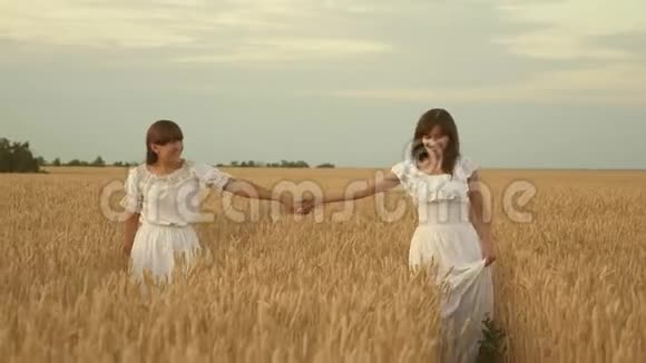 年轻的母亲和女儿牵着手沿着一片金色的麦田奔跑慢动作快乐家庭旅行视频的预览图
