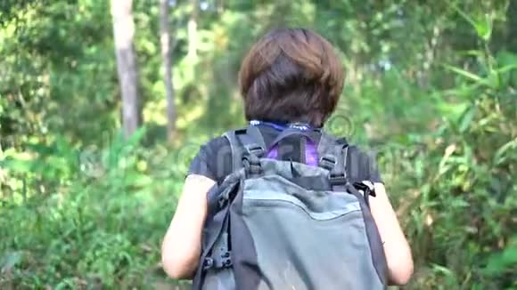 希普斯特女人步行到森林里爬山视频的预览图