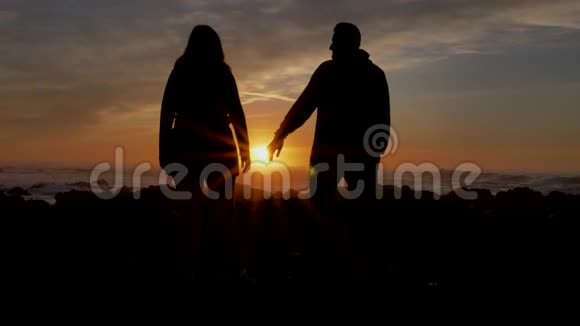 慢动作情侣在背景中与阳光合手太阳光线透过手指照射视频的预览图