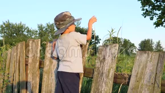 站在乡村篱笆上戴着滑稽帽子的可爱男孩视频的预览图