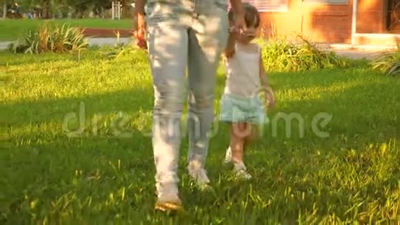 小女儿和妈妈牵着手在草坪上的公园里散步孩子走在绿草上母亲和婴儿休息视频的预览图