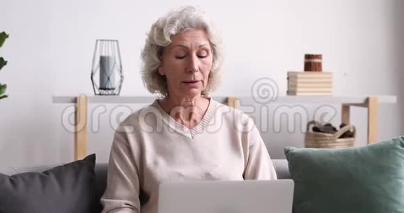 快乐的老奶奶用手提电脑看屏幕视频的预览图
