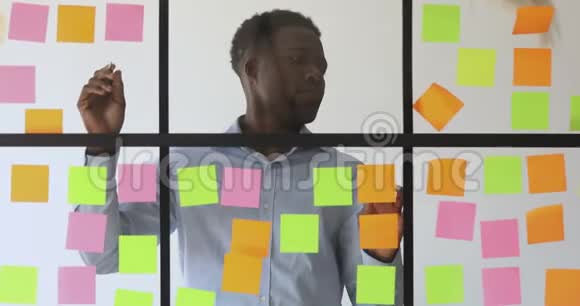专注的非洲商人检查项目进度替换粘性票据视频的预览图