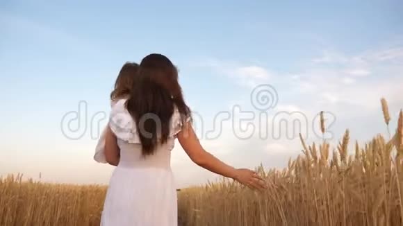 幸福的家庭观念母亲带着一个孩子在一片小麦的田野里散步妈妈和小女儿在一片田野上玩耍视频的预览图