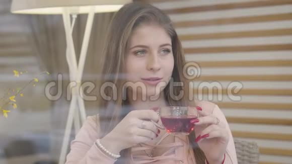 体贴优雅的高加索女孩喝茶在餐馆里看着窗外自信的年轻肖像视频的预览图