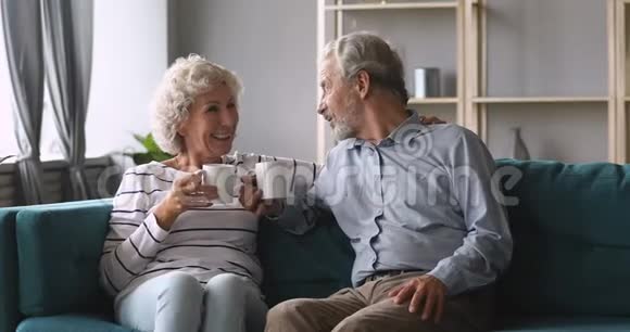 微笑的老妇人和丈夫在家喝热咖啡视频的预览图