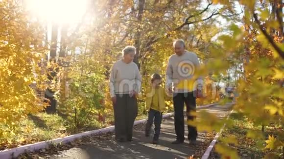 慢镜头拍摄一对老夫妇带着孙子走在人行道上微笑着彼此视频的预览图