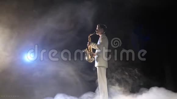 优雅的艺术音乐家演奏音乐乐器烟雾舞台上的现场经典旋律视频的预览图