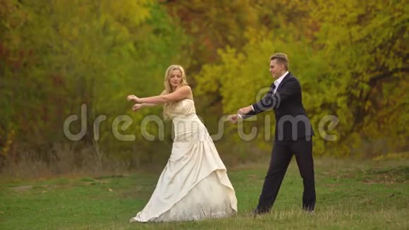 新婚快乐的新婚夫妇在美丽的秋天风景和彩色的秋天树上跳舞视频的预览图