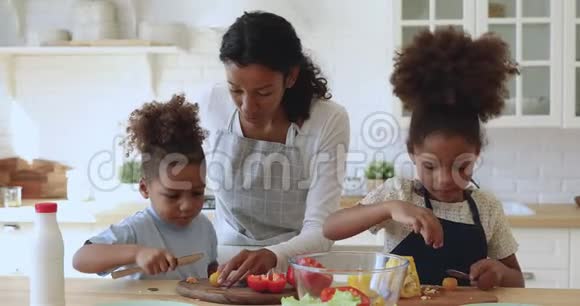 年轻的非裔美国妈妈教小孩切新鲜蔬菜视频的预览图