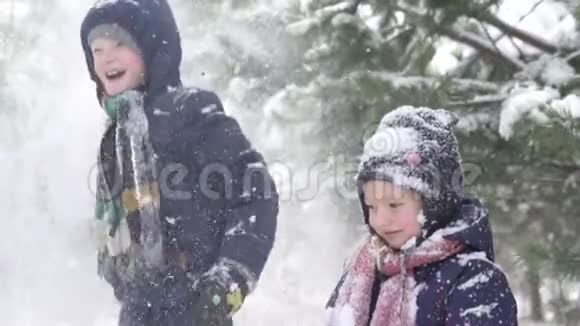 冬天孩子们在白雪覆盖的公园散步视频的预览图