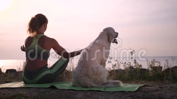健康的女人坐在岸上的狗旁边沉思视频的预览图