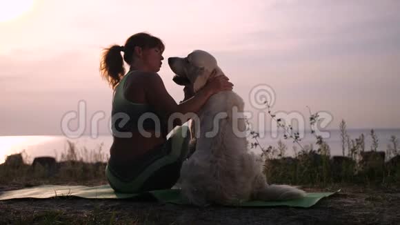 夕阳西下海边一只爱抚犬视频的预览图