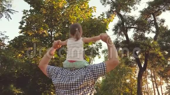 爸爸在公园里扛着他心爱的孩子的肩膀父亲和女儿一起走在树下的肩膀上视频的预览图