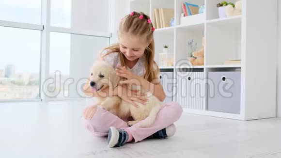 可爱的女孩爱抚漂亮的小狗视频的预览图