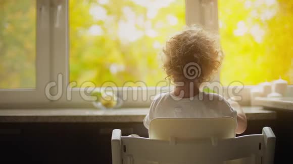金发碧眼的婴儿面对美丽的秋天公园在窗前吃饭视频的预览图