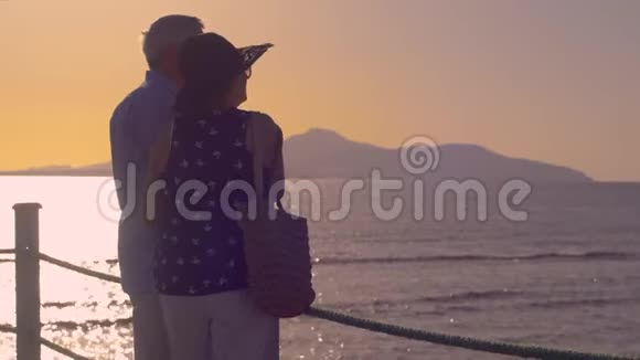 老两口在红海码头散步人们喜欢度假欣赏风景情人节天视频的预览图