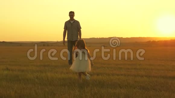 快乐的童年概念小女儿和爸爸在草地上散步孩子和他父亲在草地上玩耍儿童保育视频的预览图