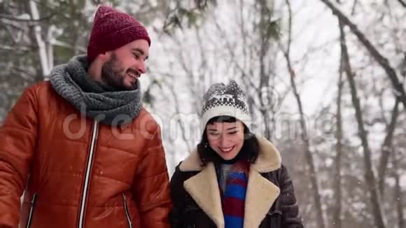 一对相爱的年轻夫妇在下雪的时候在公园里散步男人和女友手牵手在冬日赏雪视频的预览图