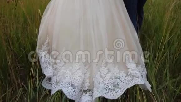 新娘穿着白裙子穿过田野长裙滑过草地特写镜头慢动作美丽的新娘视频的预览图