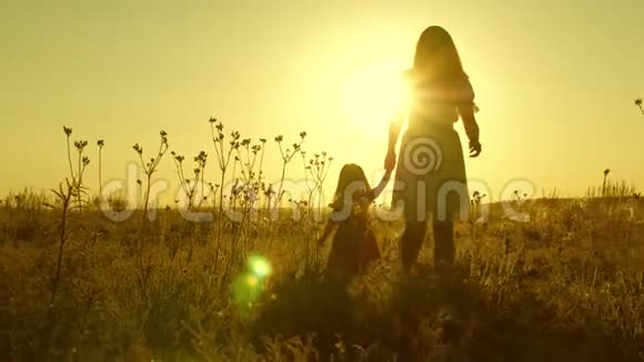 妈妈和宝宝在公园里休息快乐童年的概念小女儿和妈妈在田里散步视频的预览图