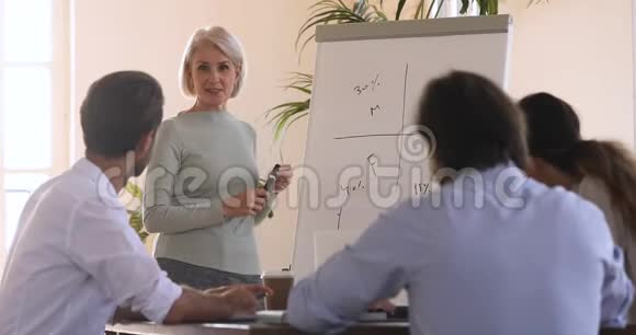 中年女商人培训师展示工作坊挂图的收入视频的预览图