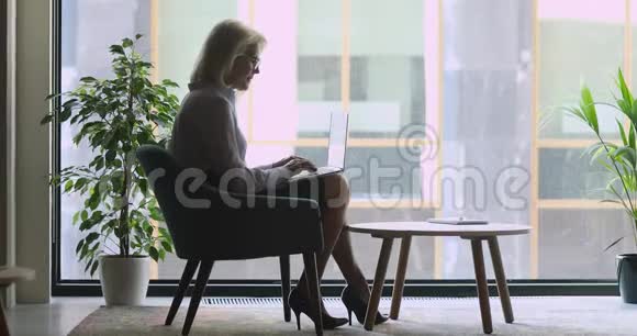 一位自信的老女商人坐在窗户附近在电脑上工作视频的预览图