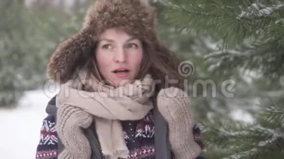 女孩在冬天的雪林里结冰特写视频的预览图