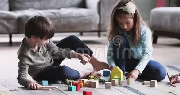 两个孩子兄妹在地板上玩木块视频的预览图