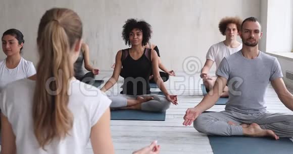 瑜伽教练和不同的人坐在莲花位置冥想视频的预览图