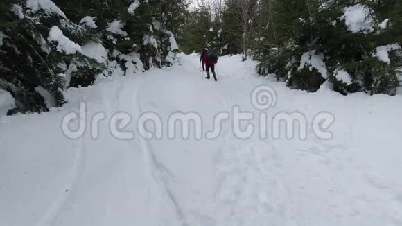 带背包的游客在冬天爬山视频的预览图