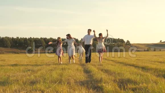 幸福家庭的观念母亲父亲和小女儿带着姐妹在阳光下散步年轻快乐视频的预览图