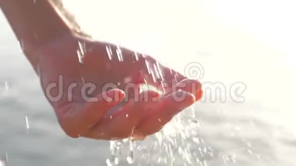 女性杯状的手在海景背景上捕捉落水的水滴太阳在女人手上闪闪发光而水滴视频的预览图
