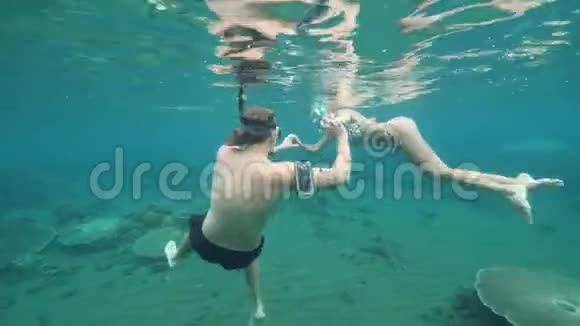 玩的夫妇戴着浮潜面具双手环泳视频的预览图