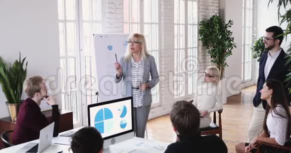 成熟的女领导经理让不同的员工参与投票视频的预览图