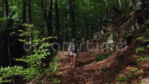 积极健康的时髦女孩在森林里徒步旅行空中飞行视频的预览图