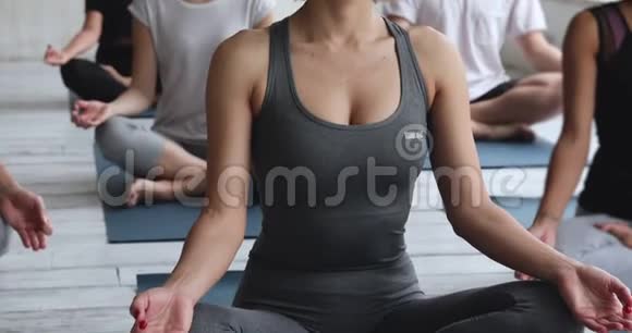 高加索女性瑜伽教练和多种族人士在室内冥想视频的预览图