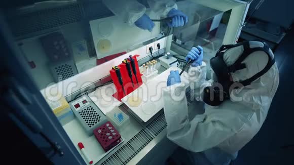 穿防溅服的专家正在实验室的盒子里用探针冠状病毒2019nCOV概念视频的预览图
