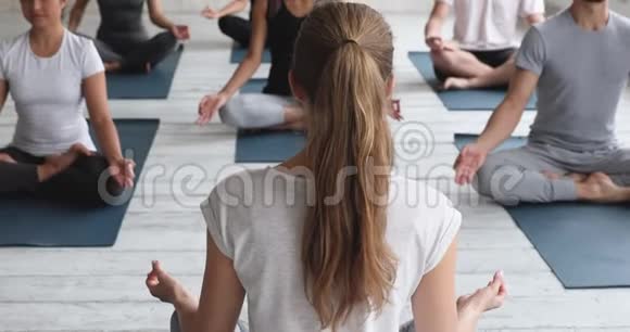 不同的人在早上一起冥想瑜伽在室内练习视频的预览图
