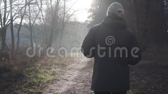在秋林行走的成年白种人的后景孤独的男性游客在户外享受他的旅行生活方式视频的预览图