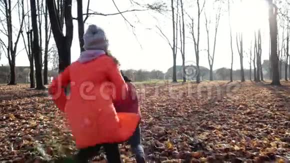 两个精力充沛的孩子一个男孩和一个女孩在阳光明媚的秋天公园里穿过干燥的黄叶视频的预览图