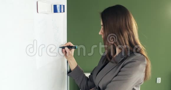 漂亮的年轻商务女性在演示白板上执行财务计算工作与文件视频的预览图