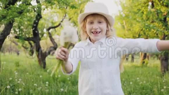 一个快乐的孩子在花园里快乐地奔跑蹦蹦跳跳地挥舞着一束蒲公英免费儿童视频的预览图