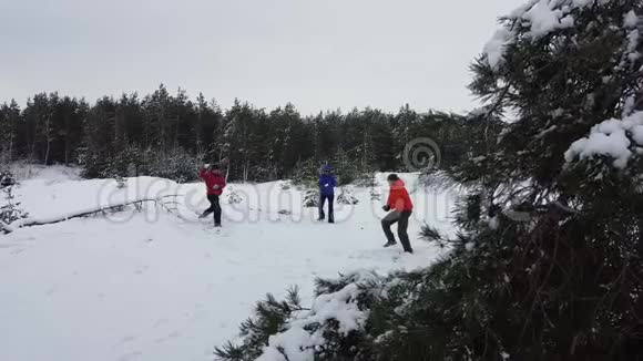 三个人玩雪球从树后面离开视频的预览图