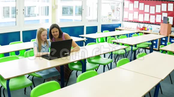 白人小学女孩和她的电脑老师视频的预览图