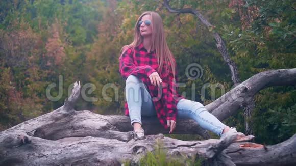 有长发的性感女孩坐在森林背景下干燥的原木上视频的预览图