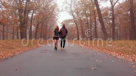种族间的爱情观念美丽的跨种族年轻夫妇在雾蒙蒙的秋天公园的路上散步视频的预览图