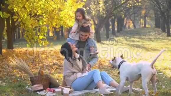 秋天公园里有狗的幸福家庭父亲背上的小女儿秋天视频的预览图