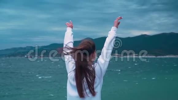 一个女孩在暴风雨中背对着海岸的框架站着一个女孩在海岸上举起她的手视频的预览图